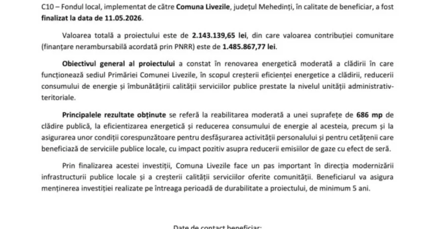 Reabilitare sediu Primărie Livezile, Mehedinți – proiect C10-I3-2244