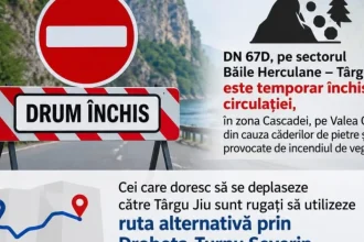 Trafic blocat pe DN 67D, între Băile Herculane și Târgu Jiu