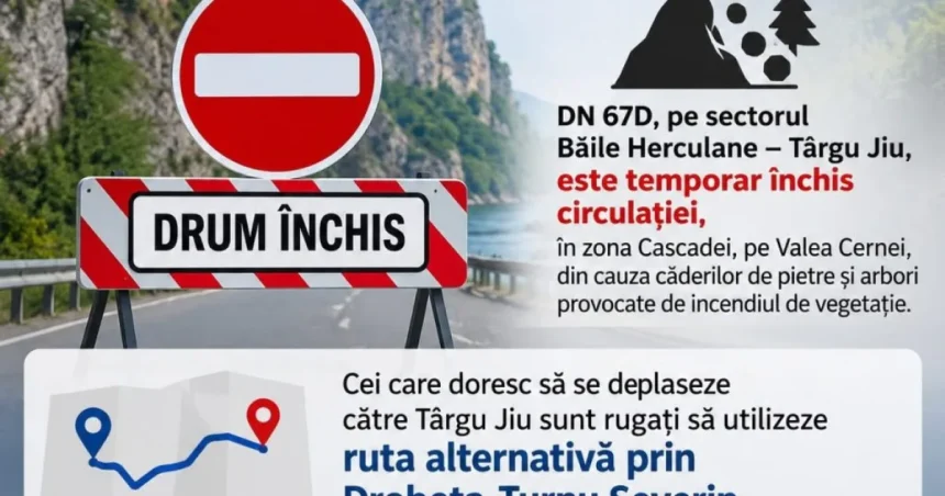 Trafic blocat pe DN 67D, între Băile Herculane și Târgu Jiu